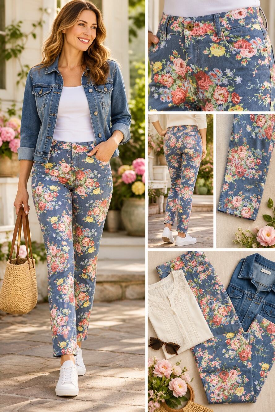 April Cornell Wild Rose Floral Pants Jeans Size 30 Blue Pink Stretch 5 Pocket